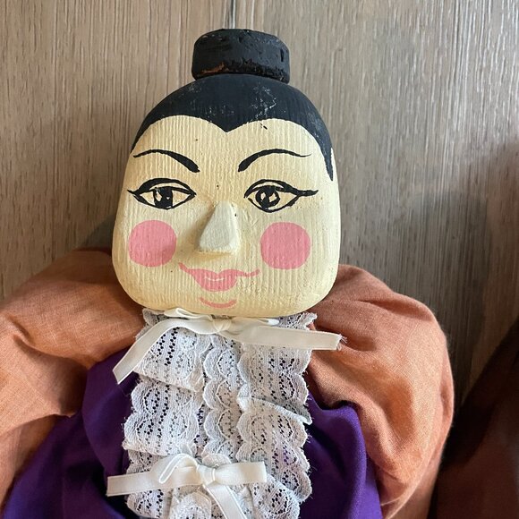 Asian Wooden & Plush Collectible Set of 2 Dolls Vintage Hand Painted Jointed 18" - Picture 2 of 6
